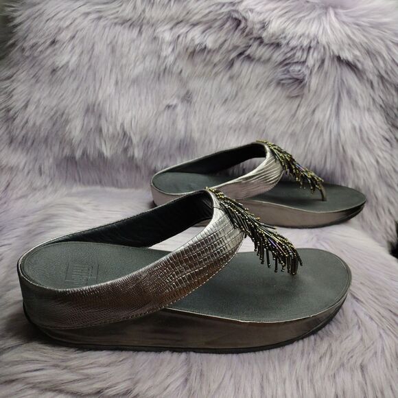FitFlop Women’s Cha Cha Beaded Tassel Sandals Nimbus Silver Size 11 Iridescent - Picture 4 of 7